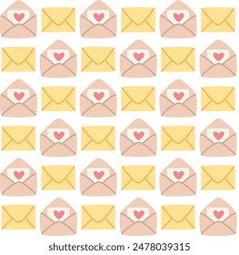 Seamless cartoon pattern with cute envelopes and love letters. Vector background in flat style	