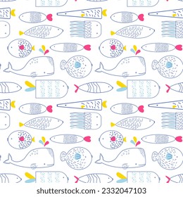 Seamless cartoon pattern. Cute fish.