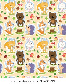 Seamless cartoon pattern with cute forest animals and Autumn theme