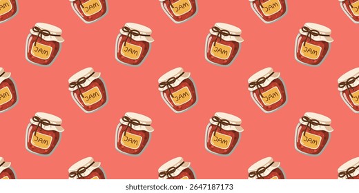 Seamless cartoon pattern with cute glass jars of berry jam on coral red background. Autumn Vector illustration background 