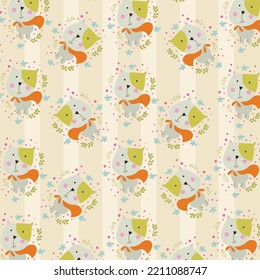 Seamless cartoon pattern with cute green leaf cat doodle