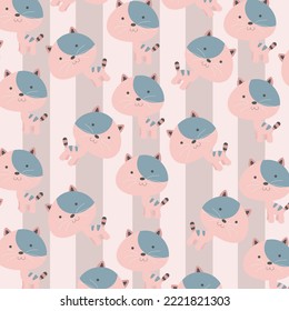 Seamless cartoon pattern with cute pink cat doodle