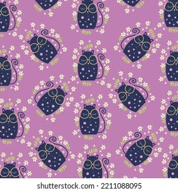 Seamless cartoon pattern with cute purple background cat doodle