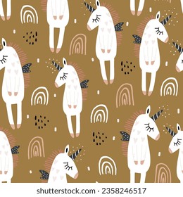 Seamless cartoon pattern with cute unicorn and hand drawn rainbows. Vector repeating texture.