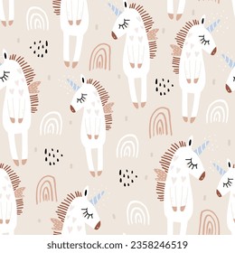 Seamless cartoon pattern with cute unicorn and hand drawn rainbows. Vector repeating texture.