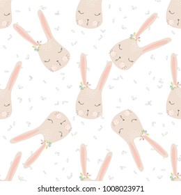 Seamless cartoon pattern cute vector illustration of beautiful bunny with flower and leaves background. Fluffy pet background for fabric, textile, wallpaper, wrapping, greeting card. Doodle element.