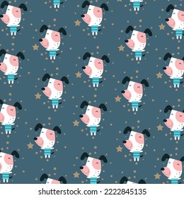 Seamless cartoon pattern with cute white dog doodle on blue background