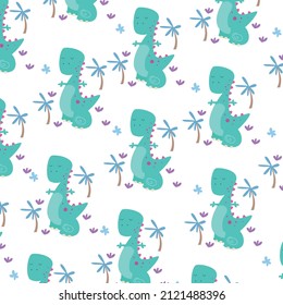 Seamless cartoon pattern with dinosaurs and palm trees Vector illustration for kids