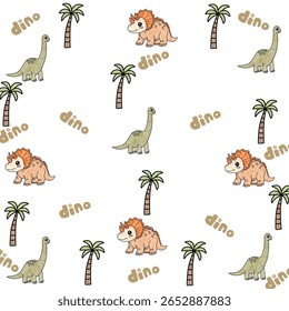 Seamless cartoon pattern with dinosaurs and palm trees. Vector illustration for kids. Use for print design, surface design, children's fashion apparel.