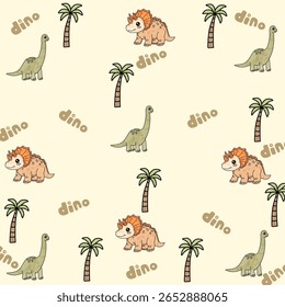 Seamless cartoon pattern with dinosaurs and palm trees. Vector illustration for kids. Use for print design, surface design, children's fashion apparel.