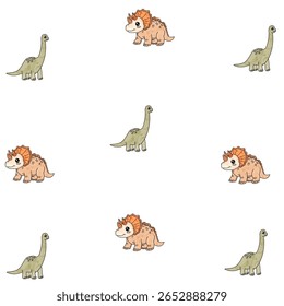 Seamless cartoon pattern with dinosaurs and palm trees. Vector illustration for kids. Use for print design, surface design, children's fashion apparel.