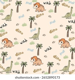 Seamless cartoon pattern with dinosaurs and palm trees. Vector illustration for kids. Use for print design, surface design, children's fashion apparel.