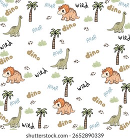 Seamless cartoon pattern with dinosaurs and palm trees. Vector illustration for kids. Use for print design, surface design, children's fashion apparel.