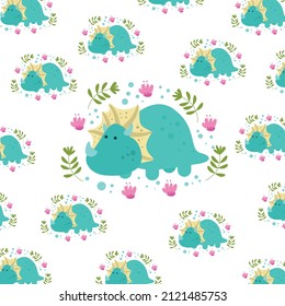 Seamless cartoon pattern with dinosaurs Triceratops