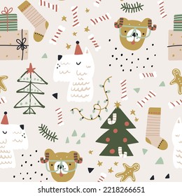 Seamless cartoon pattern with dogs, winter tree, gifts. Holiday xmas texture. Vector illustration