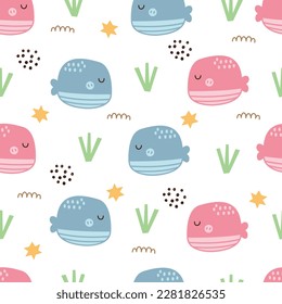 Seamless cartoon pattern fish background. Designs used for newborn apparel, textiles, and wallpaper