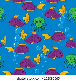 Seamless cartoon pattern with fish and octopuses. Vector illustration