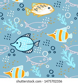 Seamless cartoon pattern with fish on blue background. 
