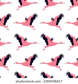 Seamless cartoon pattern with flamingos on a white background.