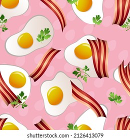 Seamless cartoon pattern with fried eggs, bacon slices and green herbs (parsley) on pink background. Colorful yummy wrapping paper, wallpaper or background with breakfast, brunch, lunch in top view.