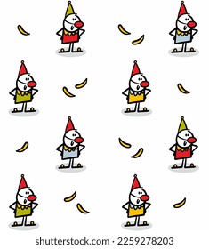 Seamless cartoon pattern with funny clowns from circus in colorful costumes and bananas. Vector endless illustration wallpaper for nursery design.