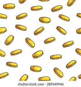 Seamless cartoon pattern of gold coins. Vector.