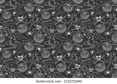Seamless cartoon pattern for Halloween celebration on a dark gray background. Vector image of skulls, witch hats, pumpkins, bats, bones and spiders.