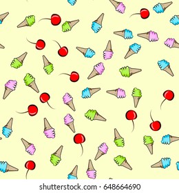 Seamless cartoon pattern of ice cream in a waffle cup with a cherry, kids colorful background.