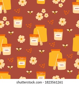 Seamless cartoon pattern with jars of honey, flowers and bees. Design for honey fairs, Wallpaper, flyers, invitations, scrapbooking, wrapping paper.