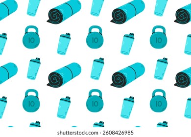 Seamless cartoon pattern of kettlebells, rolled yoga mats, and water bottles in blue tones on white