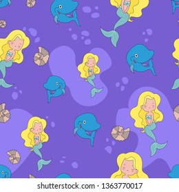 Seamless cartoon pattern with little mermaid and dolphin