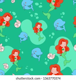 Seamless cartoon pattern with little mermaid and dolphin