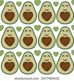 Seamless cartoon pattern with lovely avocados and hearts. Colorful cute vector background in flat style	