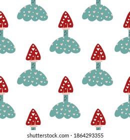 Seamless cartoon pattern. Mushroom seamless pattern with red fly-agaric mushrooms.