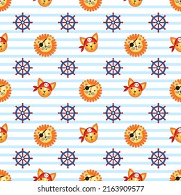 Seamless cartoon pattern on the theme of pirates on a striped background. Children's vector pattern. Children's holiday, kids' party, games, baby shower.