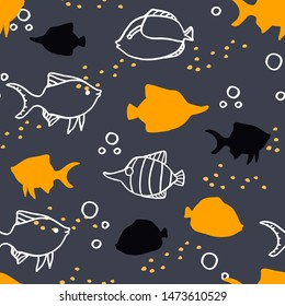 Seamless cartoon pattern with orange and white fish and bubbles. 
