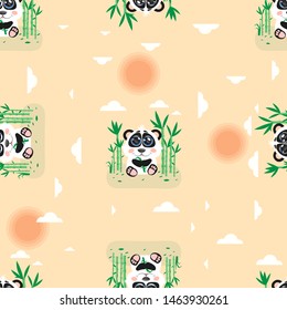 Seamless cartoon pattern with panda, the sun, clouds, bamboo trees. 