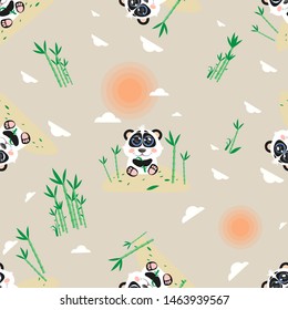 Seamless cartoon pattern with panda, the sun, clouds, bamboo trees. 
