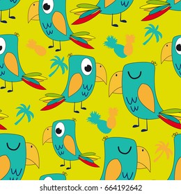 Seamless cartoon pattern with parrot and palms and pineapples. Colorful pattern for clothes, fabric, textile, Wrapping paper, web.