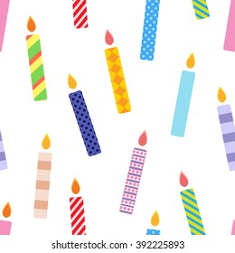 Seamless cartoon pattern. Party background with color candles, isolated on white.