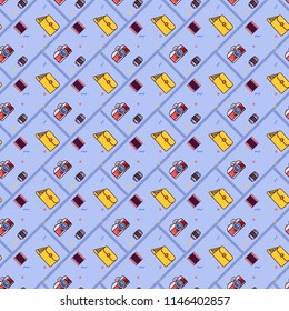 Seamless cartoon pattern with photo camera, bag, and lens on a blue background. Vector backdrop