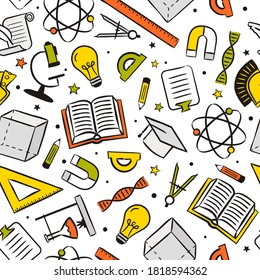 Seamless cartoon pattern with school elements. Kids Pattern with education objects: ruler, book, lightbulb, compass, cube, dna, molecules and others. Vector background. 