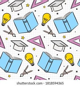 Seamless cartoon pattern with school elements. Kids Pattern with education objects: ruler, book, lightbulb, compass and others. Vector background. 