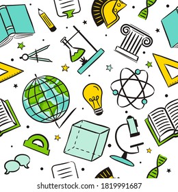 Seamless cartoon pattern with school elements. Kids Pattern with education objects: ruler, book, lightbulb, compass and others. Vector background.