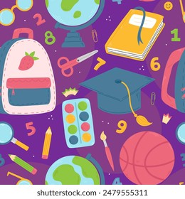 Seamless cartoon pattern with school supplies in a flat style on a violet background. Back to school. Vector illustration background.