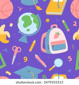 Seamless cartoon pattern with school supplies in a flat style on a blue background. Back to school. Vector illustration background.