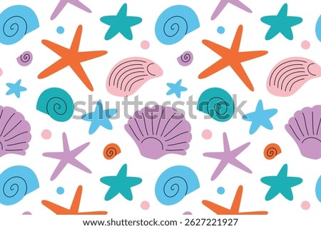 Seamless cartoon pattern with seashells, sea stars and conch shells. Flat vector illustration for summer designs, beach prints, wrapping paper, textile, kids projects and vacation decoration