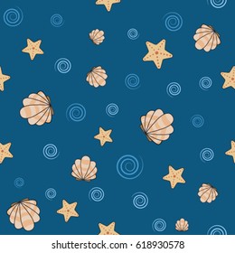 Seamless cartoon pattern with seashells, starfish and spirals