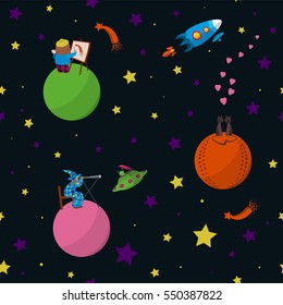 Seamless cartoon  pattern. Space with planets with inhabitants, rockets, comets and stars. Vector illustration. Part 3.
