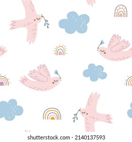 Seamless cartoon pattern with spring birds on the sky background